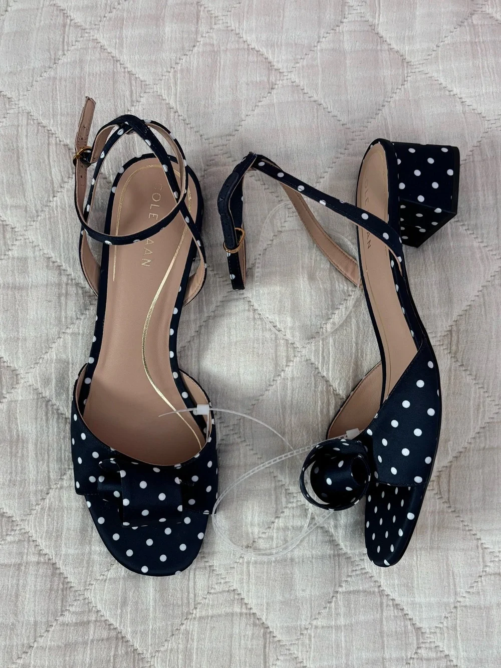 NWOT Cole Hann Fanya Florette Sandal Heels In Navy White Polka Dot Satin Sz 9 -